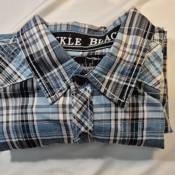 Buckle Black, Long Sleeve Black Label  Blue and Black Plaid Snap Down Mens Shirt - Picture 16 of 16